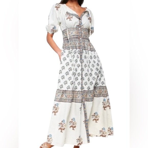 Hannah Dresses & Skirts - Hannah Camilla Ellipse Cotton Blockprint Puff Sleeve Tie Neck Maxi Dress
